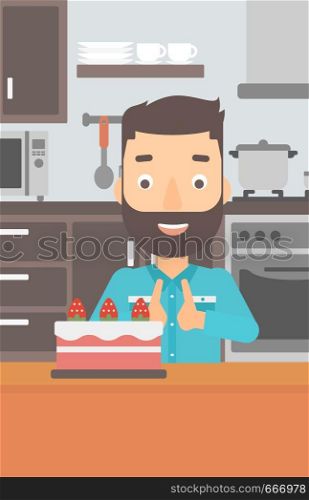 A happy hipster man with the beard standing in the kitchen and looking with passion at a big cake vector flat design illustration. Vertical layout.. Man looking at cake.