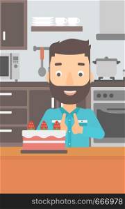 A happy hipster man with the beard standing in the kitchen and looking with passion at a big cake vector flat design illustration. Vertical layout.. Man looking at cake.