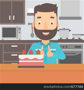 A happy hipster man with the beard standing in the kitchen and looking with passion at a big cake vector flat design illustration. Square layout.. Man looking at cake.