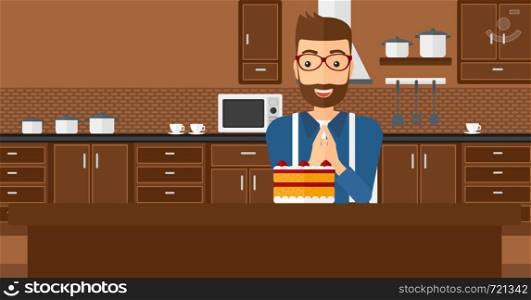 A happy hipster man with the beard standing in the kitchen and looking with passion at a big cake vector flat design illustration. Horizontal layout.. Man looking at cake.