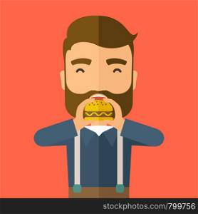A happy Hipster office man eating hamburger as his snack break. Relaxing concept. A Contemporary style with pastel palette, orange tinted background. Vector flat design illustration. Square layout. . Man happy eating hamburger.