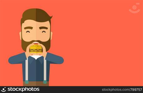 A happy Hipster office man eating hamburger as his snack break. Relaxing concept. A Contemporary style with pastel palette, orange tinted background. Vector flat design illustration. Horizontal layout with text space in right side.. Man happy eating hamburger.