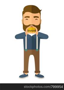 A happy Hipster office man eating hamburger as his snack break. Relaxing concept. A Contemporary style. Vector flat design illustration isolated white background. Vertical layout.. Man happy eating hamburger.