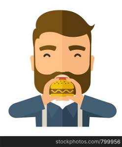 A happy Hipster office man eating hamburger as his snack break. Relaxing concept. A Contemporary style. Vector flat design illustration isolated white background. Square layout.. Man happy eating hamburger.