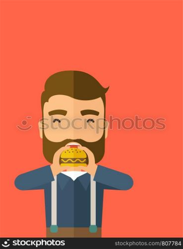 A happy Hipster office man eating hamburger as his snack break. Relaxing concept. A Contemporary style with pastel palette, orange tinted background. Vector flat design illustration. Vertical layout with text space on top part.. Man happy eating hamburger.