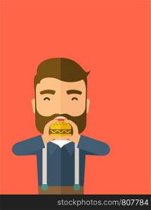 A happy Hipster office man eating hamburger as his snack break. Relaxing concept. A Contemporary style with pastel palette, orange tinted background. Vector flat design illustration. Vertical layout with text space on top part.. Man happy eating hamburger.