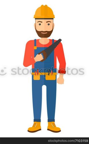 A happy hipster worker with the beard holding a saw in hand vector flat design illustration isolated on white background. Vertical layout.. Smiling worker with saw.