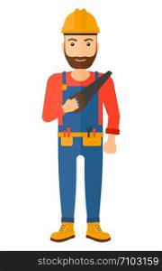 A happy hipster worker with the beard holding a saw in hand vector flat design illustration isolated on white background. Vertical layout.. Smiling worker with saw.