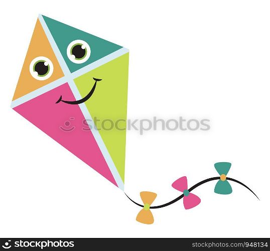 A happy kite with three cute bows which are colourful , vector, color drawing or illustration.