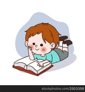 A happy little boy reading a book. vector cartoon character.