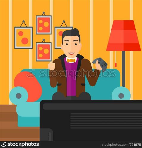 A happy man with gamepad in hands sitting on a sofa in living room vector flat design illustration. Square layout.. Man playing video game.