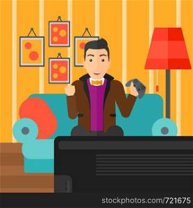 A happy man with gamepad in hands sitting on a sofa in living room vector flat design illustration. Square layout.. Man playing video game.