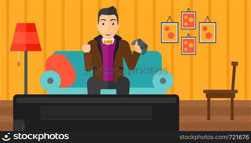 A happy man with gamepad in hands sitting on a sofa in living room vector flat design illustration. Horizontal layout.. Man playing video game.