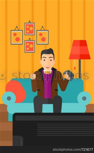 A happy man with gamepad in hands sitting on a sofa in living room vector flat design illustration. Vertical layout.. Man playing video game.