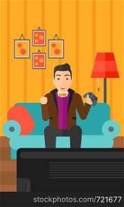 A happy man with gamepad in hands sitting on a sofa in living room vector flat design illustration. Vertical layout.. Man playing video game.