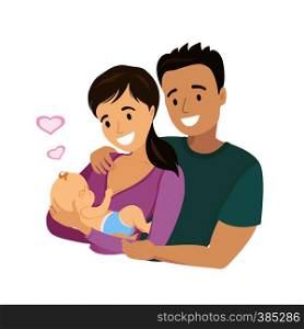 A happy married couple with a newborn baby, cartoon vector illustration. A happy married couple with a newborn baby,
