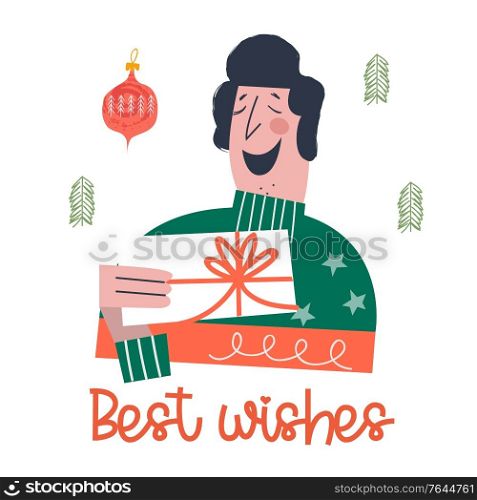 A happy person reads a Christmas greeting card. Best wishes. Vector illustration in cartoon style on a white background.. A happy person reads a letter. Vector illustration.