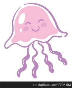 A happy pink jellyfish with four tentacles, vector, color drawing or illustration.