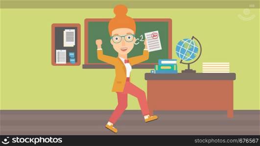 A happy pupil holding a sheet with the highest mark on the background of classroom vector flat design illustration. Horizontal layout.. Pupil received best mark.
