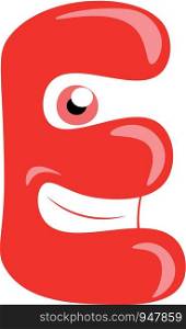 A happy red color alphabetic creature E with big round eyes and set of tooth vector color drawing or illustration