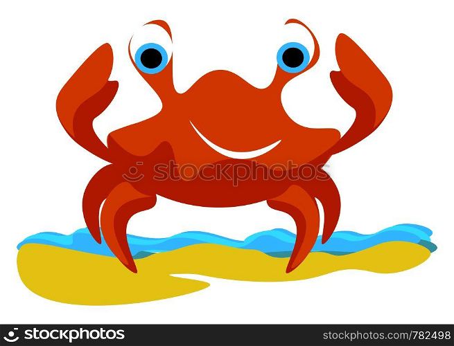 A happy red crab on a water, with big eyes and big smile, vector, color drawing or illustration.