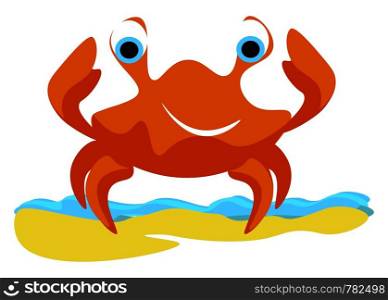 A happy red crab on a water, with big eyes and big smile, vector, color drawing or illustration.