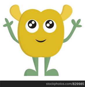 A happy small yellow monster having big eyes two ears two green hands and green legs vector color drawing or illustration