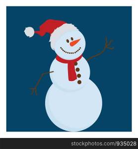 A happy snowman with orange nose in a blue background, vector, color drawing or illustration.