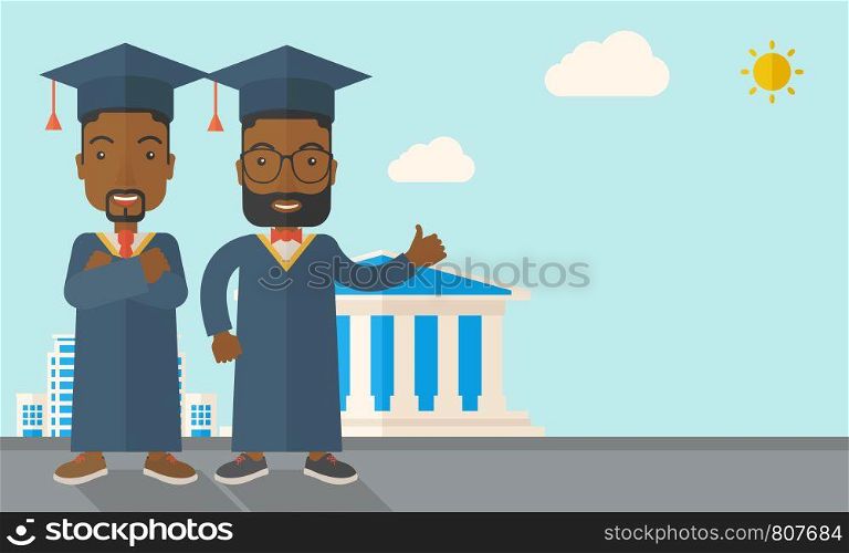 A happy two black young men wearing a toga and graduation cap standing under the sun. A Contemporary style with pastel palette, soft blue tinted background with desaturated clouds. Vector flat design illustration. Horizontal layout with text space in lower right side.. Two black men wearing graduation cap.