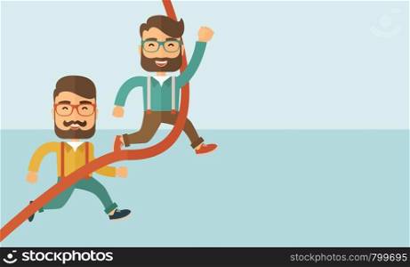 A happy two hipster Caucasian men with beard running to the finish line for meeting the deadline. Winner, victory concept.A contemporary style with pastel palette soft blue tinted background. Vector flat design illustration. Horizontal layout with text space on upper right side.. Two men running