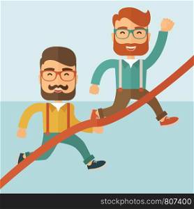 A happy two hipster Caucasian men with beard running to the finish line for meeting the deadline. Winner, victory concept. A contemporary style with pastel palette soft blue tinted background. Vector flat design illustration. Square layout. . Two men running