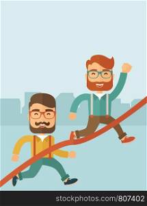 A happy two hipster Caucasian men with beard running to the finish line for meeting the deadline. Winner, victory concept. A contemporary style with pastel palette soft blue tinted background. Vector flat design illustration. Vertical layout with text space on top part.. Two men running