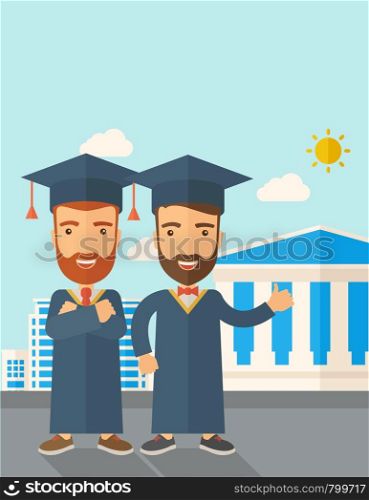 A happy two young men wearing a toga and graduation cap standing under the sun. A Contemporary style with pastel palette, soft blue tinted background with desaturated clouds. Vector flat design illustration. Vertical layout with text space on top part.. Two men wearing graduation cap.