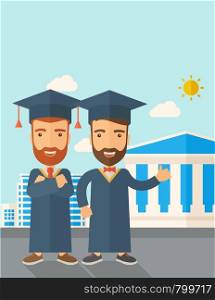 A happy two young men wearing a toga and graduation cap standing under the sun. A Contemporary style with pastel palette, soft blue tinted background with desaturated clouds. Vector flat design illustration. Vertical layout with text space on top part.. Two men wearing graduation cap.