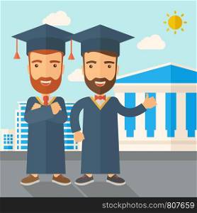 A happy two young men wearing a toga and graduation cap standing under the sun. A Contemporary style with pastel palette, soft blue tinted background with desaturated clouds. Vector flat design illustration. Square layout.. Two men wearing graduation cap.