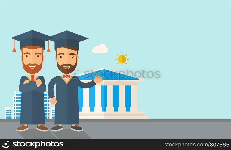 A happy two young men wearing a toga and graduation cap standing under the sun. A Contemporary style with pastel palette, soft blue tinted background with desaturated clouds. Vector flat design illustration. Horizontal layout with text space in right side.. Two men wearing graduation cap.