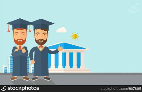 A happy two young men wearing a toga and graduation cap standing under the sun. A Contemporary style with pastel palette, soft blue tinted background with desaturated clouds. Vector flat design illustration. Horizontal layout with text space in right side.. Two men wearing graduation cap.