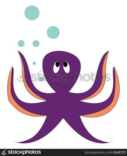 A happy violet octopus and a green bubbles, vector, color drawing or illustration.