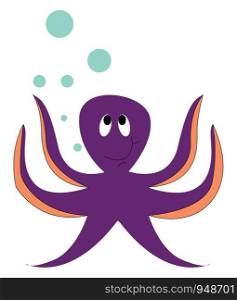 A happy violet octopus and a green bubbles, vector, color drawing or illustration.