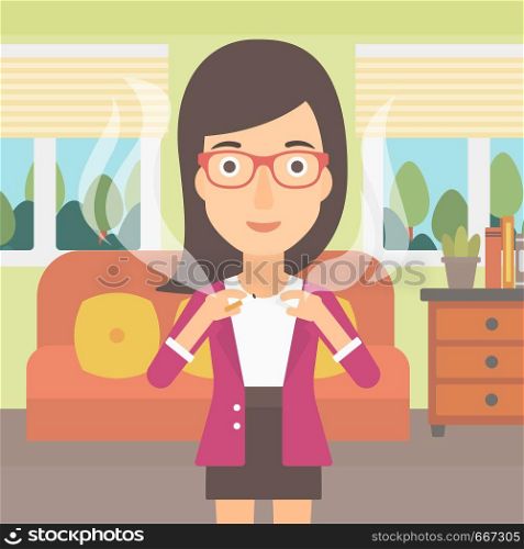 A happy woman breaking the cigarette on the background of living room vector flat design illustration. Square layout.. Woman quit smoking.
