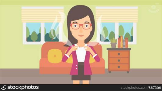 A happy woman breaking the cigarette on the background of living room vector flat design illustration. Horizontal layout.. Woman quit smoking.