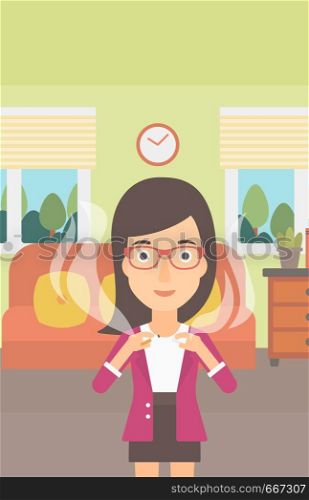 A happy woman breaking the cigarette on the background of living room vector flat design illustration. Vertical layout.. Woman quit smoking.