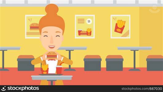 A happy woman eating hamburger on a cafe background vector flat design illustration. Horizontal layout.. Woman eating hamburger.