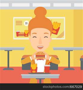 A happy woman eating hamburger on a cafe background vector flat design illustration. Square layout.. Woman eating hamburger.