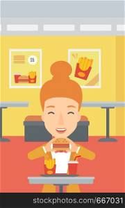 A happy woman eating hamburger on a cafe background vector flat design illustration. Vertical layout.. Woman eating hamburger.