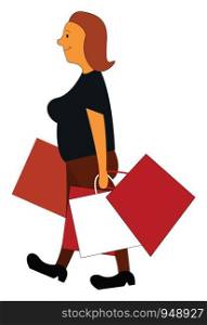 A happy woman from shopping with lot of bags, vector, color drawing or illustration.