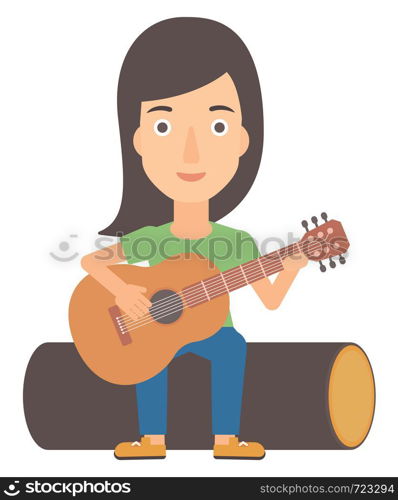 A happy woman sitting on a log and playing a guitar vector flat design illustration isolated on white background.. Woman playing guitar.