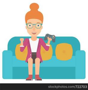 A happy woman sitting on a sofa with gamepad in hands vector flat design illustration isolated on white background.. Woman playing video game.