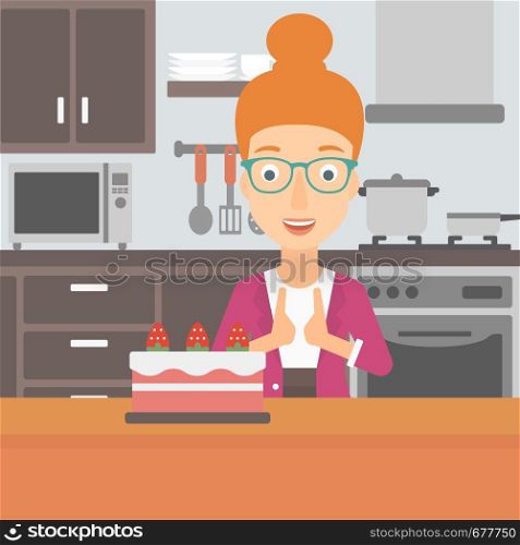 A happy woman standing in the kitchen and looking with passion at a big cake vector flat design illustration. Square layout.. Woman looking at cake.