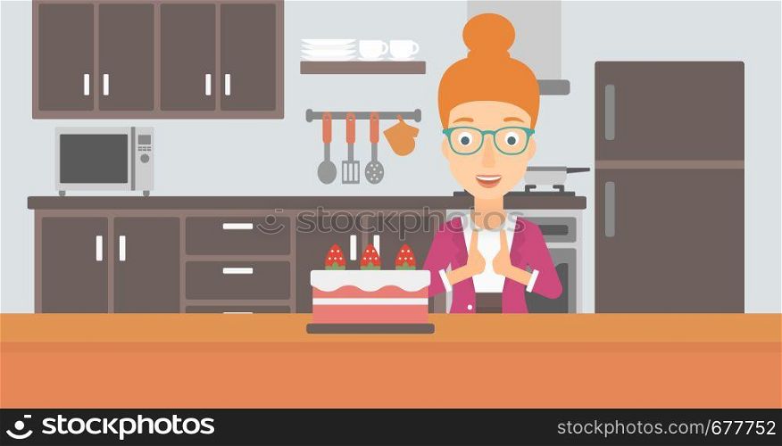 A happy woman standing in the kitchen and looking with passion at a big cake vector flat design illustration. Horizontal layout.. Woman looking at cake.